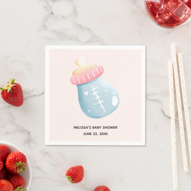 Blue & Pink Baby Bottle Cute Baby Shower Napkin (Insitu)