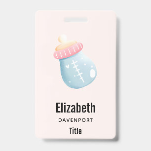 Blue & Pink Baby Bottle Cute ID Badge