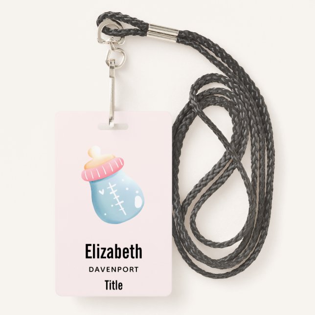 Blue & Pink Baby Bottle Cute ID Badge (Front with Lanyard)