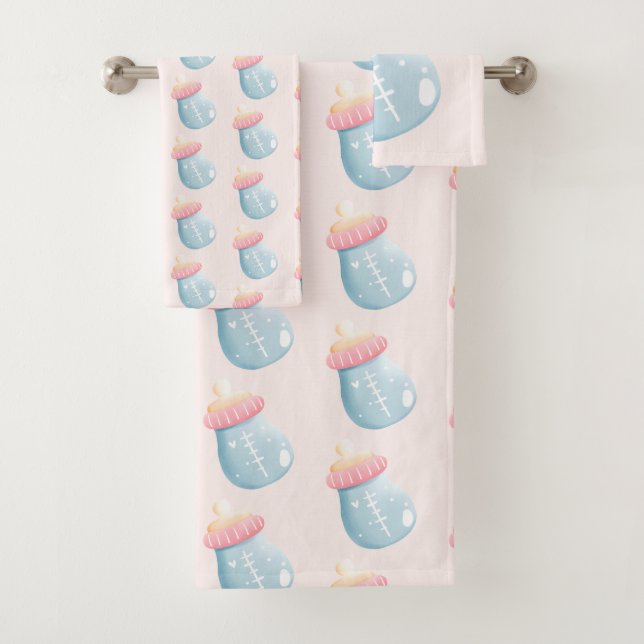  Blue & Pink Baby Bottle Cute Pattern Bath Towel Set (Insitu)