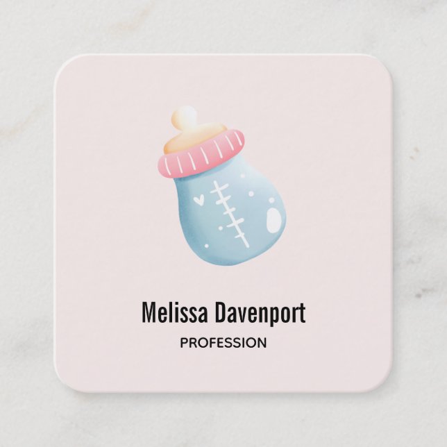 Blue & Pink Baby Bottle Cute Square Business Card (Front)