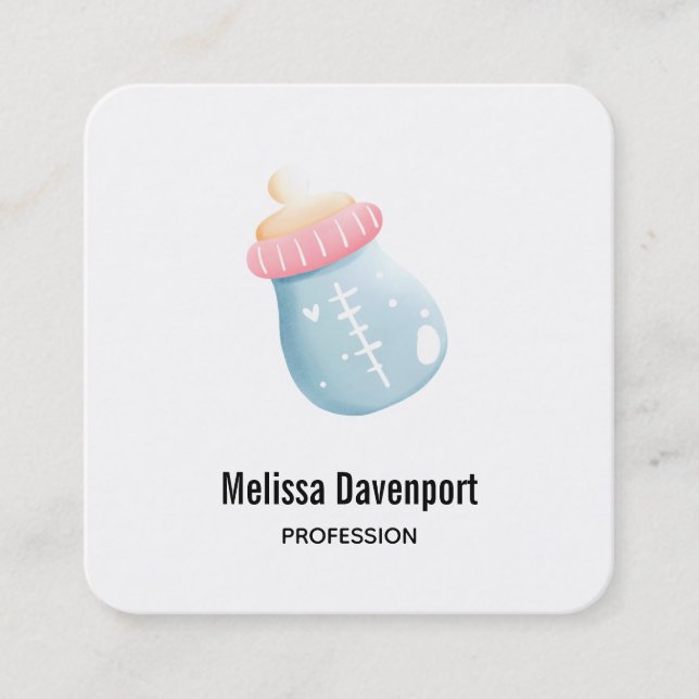 Blue & Pink Baby Bottle Cute Square Business Card (Front)