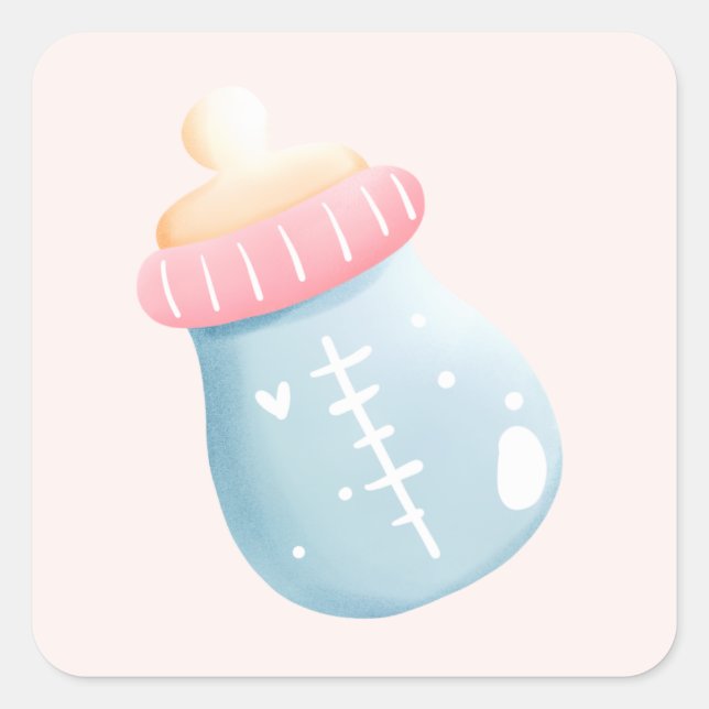Blue & Pink Baby Bottle Cute Square Sticker (Front)