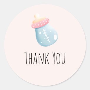 Blue & Pink Baby Bottle Cute Thank You Classic Round Sticker