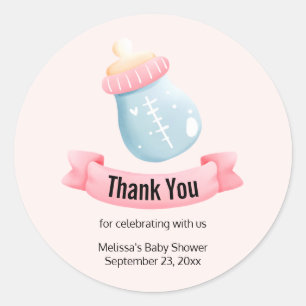 Blue & Pink Baby Bottle Cute Thank You Classic Round Sticker