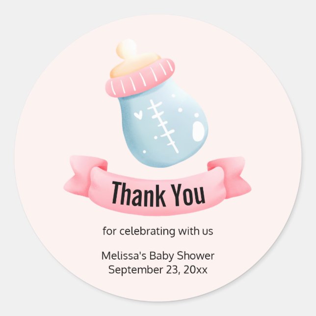 Blue & Pink Baby Bottle Cute Thank You Classic Round Sticker (Front)