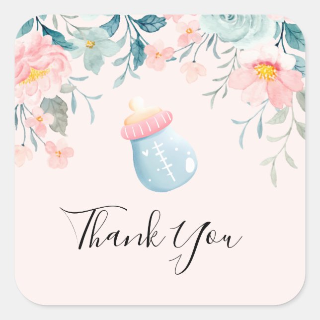 Blue & Pink Baby Bottle with Flower Border Square Sticker (Front)