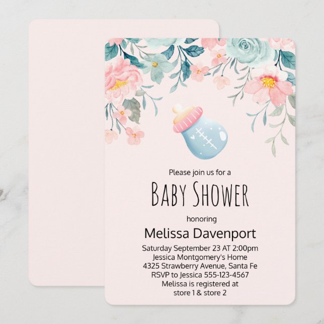 Blue & Pink Baby Bottle with Flowers Baby Shower Invitation (Front/Back)
