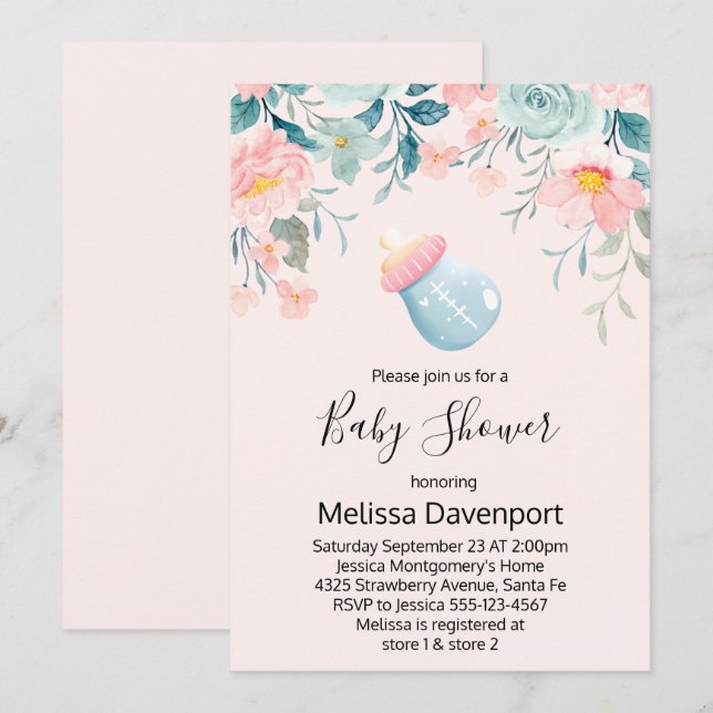 Blue & Pink Baby Bottle with Flowers Baby Shower Invitation (Front/Back)