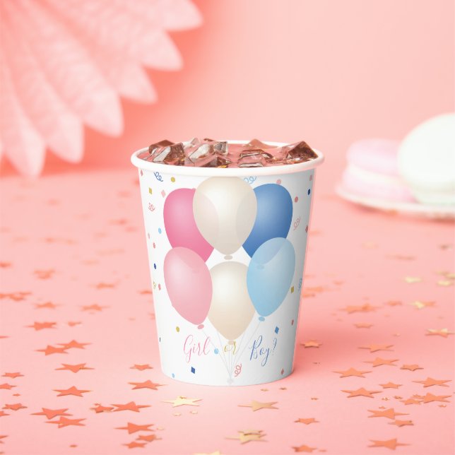 Blue Pink Balloons & Confetti Gender Neutral Paper Cups (Insitu)