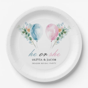Blue Pink Balloons Gender Reveal Party Paper Plate