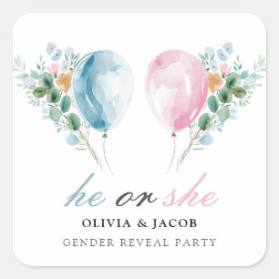 Blue Pink Balloons Gender Reveal Party Square Sticker