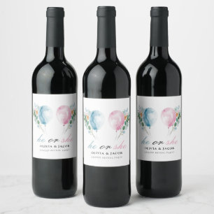 Blue Pink Balloons Gender Reveal Party Wine Label
