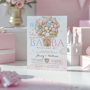 Blue Pink Bear Balloon Gender Reveal Baby Shower Invitation