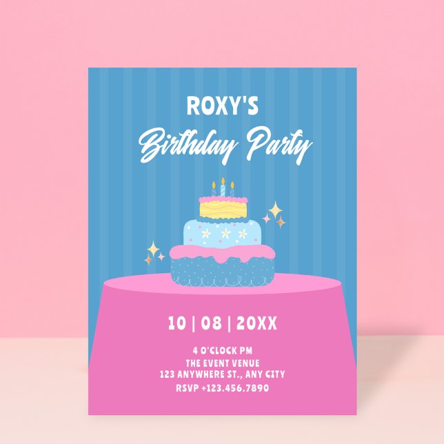 Blue pink Birthday cake  Invitation (Creator Uploaded)