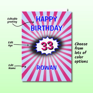 Blue pink birthday custom name and age retro card