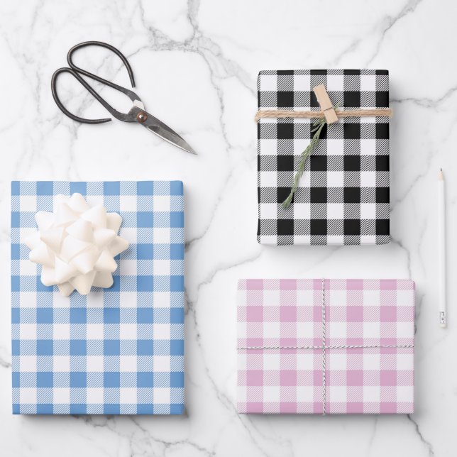 Blue Pink Black Buffalo Plaid Seamless Chequered Wrapping Paper Sheet (Front)