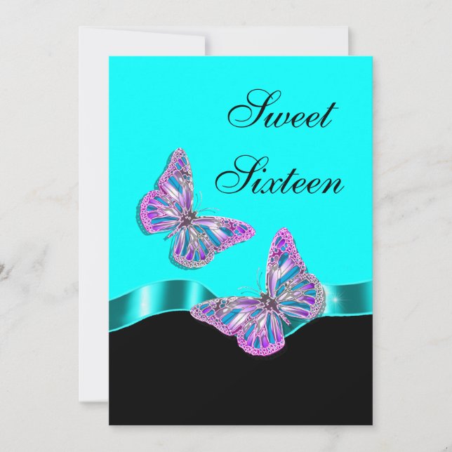 Blue pink black butterfly ribbon invitation (Front)