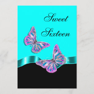 Blue pink black butterfly ribbon invitation