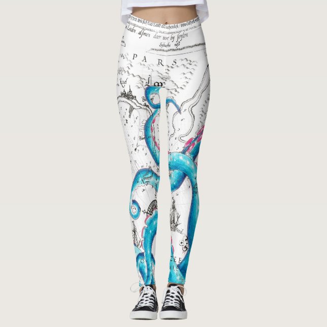 Blue Pink Bleached Tentacles Ink Leggings (Front)