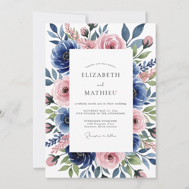 Blue Pink Botanical Romance Wedding Invitation (Front)