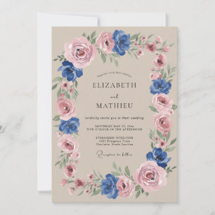 Blue Pink Botanical Whimsy Wedding Invitation