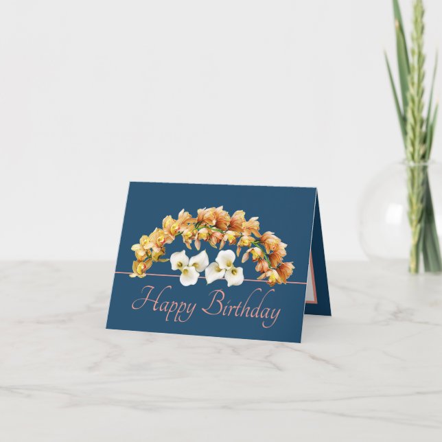 Blue Pink Bouquet Orchids Lilies Happy Birthday Card (Front)
