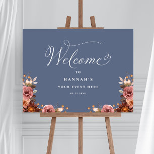 Blue, Pink, Burgundy Floral Any Event Welcome Sign