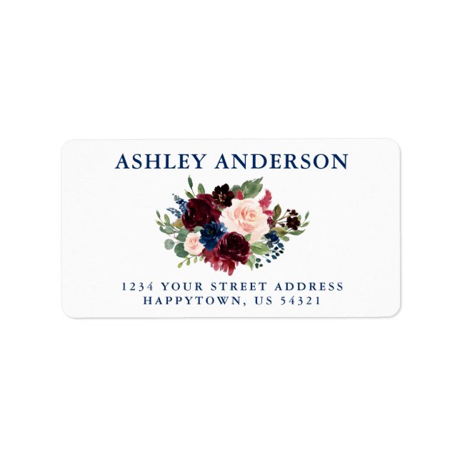 Blue Pink Burgundy Floral Wedding Return Address Label (Front)