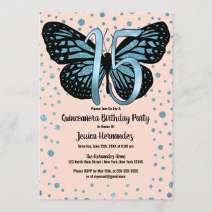 Blue Pink Butterfly Glitter Confetti Quinceañera Invitation