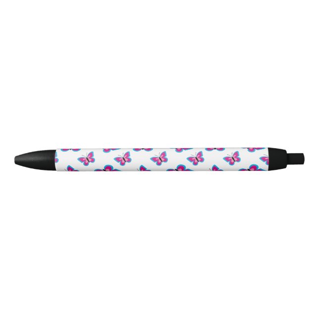 Blue Pink Butterfly Pattern Black Ink Pen (Front)