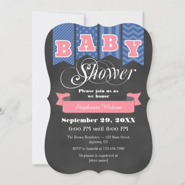 Blue Pink Chalkboard Flag Baby Shower Invite (Front)