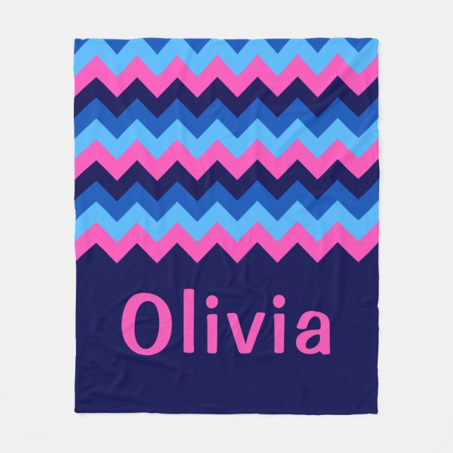 Blue Pink Chevron Monogram Medium Fleece Blanket (Front)