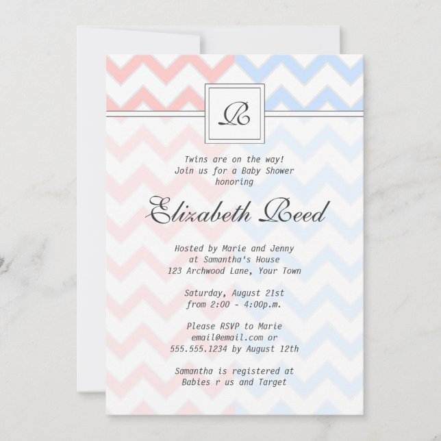Blue & Pink Chevron Monogrammed Twins Baby Shower Invitation (Front)