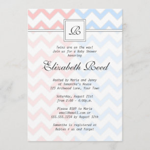 Blue & Pink Chevron Monogrammed Twins Baby Shower Invitation