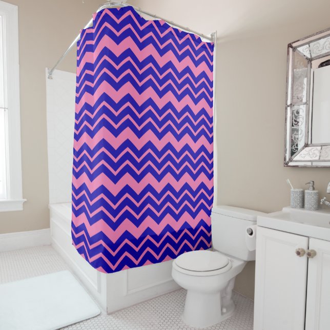 Blue Pink Chevron Zigzag Design  Shower Curtain (In Situ)