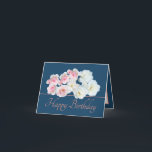 Blue Pink Chic Bouquet White Pink Roses Birthday Card<br><div class="desc">Beautiful bouquet of white and pink roses and a white clematis flower against a blue colour background. The pink colour greeting text uses an attractive script typography font. The flowers cover the front of this card which can be used as a thank you card, a birthday card, or any other...</div>