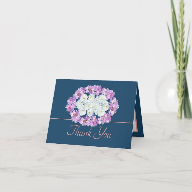Blue Pink Chic Roses Crocuses Wreath Thank You Card (Front)