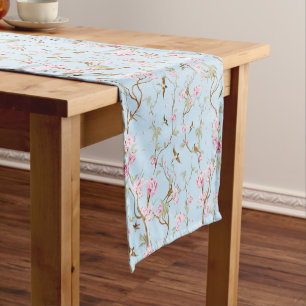 Blue & Pink Chinoiserie Botanical Birds & Flower Medium Table Runner