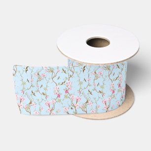 Blue & Pink Chinoiserie Botanical Birds & Flower Satin Ribbon