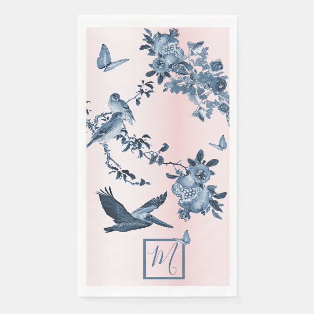 Blue Pink Chinoiserie Floral Elegant Monogram  Napkin (Front)