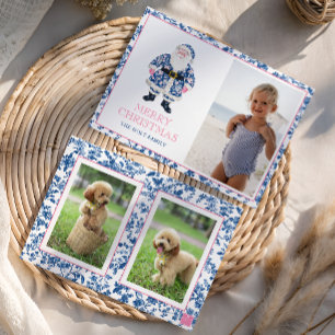 Blue Pink Chinoiserie Toile Christmas Santa Photo Holiday Card