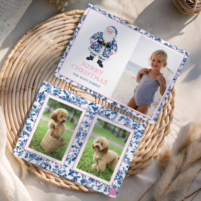 Blue Pink Chinoiserie Toile Christmas Santa Photo Holiday Card (Creator Uploaded)