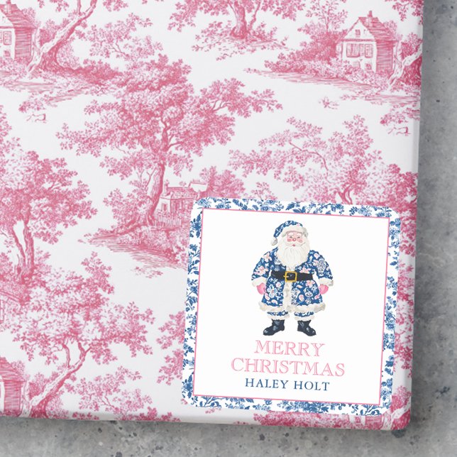 Blue & Pink Chinoiserie Toile Christmas Santa Square Sticker (Creator Uploaded)