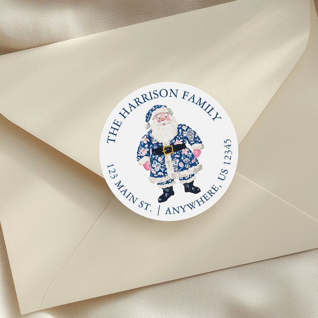 Blue Pink Chinoiserie Toile Santa Claus Address Classic Round Sticker (Creator Uploaded)