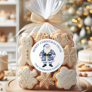 Blue Pink Chinoiserie Toile Santa Claus Christmas Classic Round Sticker