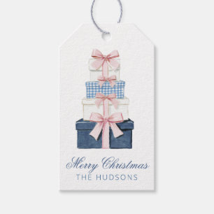Blue & Pink Christmas Gingham Bow Gifts Gift Tags