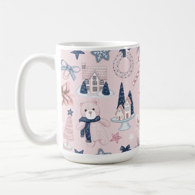 BLUE & PINK CHRISTMAS HOLIDAY TEDDY BEAR & COOKIES COFFEE MUG (Left)