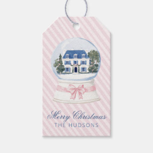 Blue & Pink Christmas House Snow Globe Gift Tags