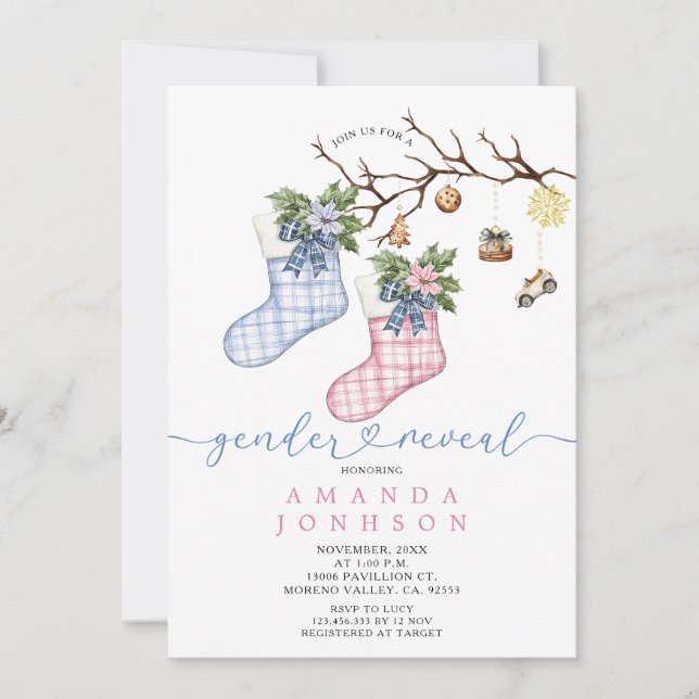Blue & Pink Christmas Stocking Gender Reveal Party Invitation (Front)